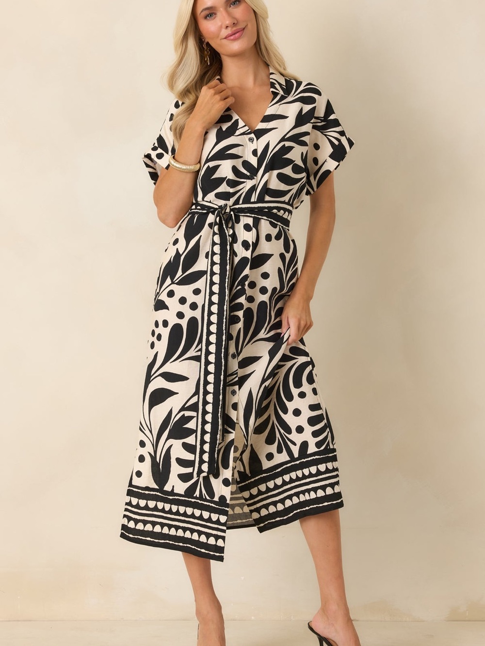Skies Are Blue Black & Cream Botanical Print Midi Wrap Dress